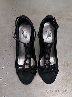 Pelle Moda Black Satin Crystal Embellished T-Strap Heels Evening Size 6.5